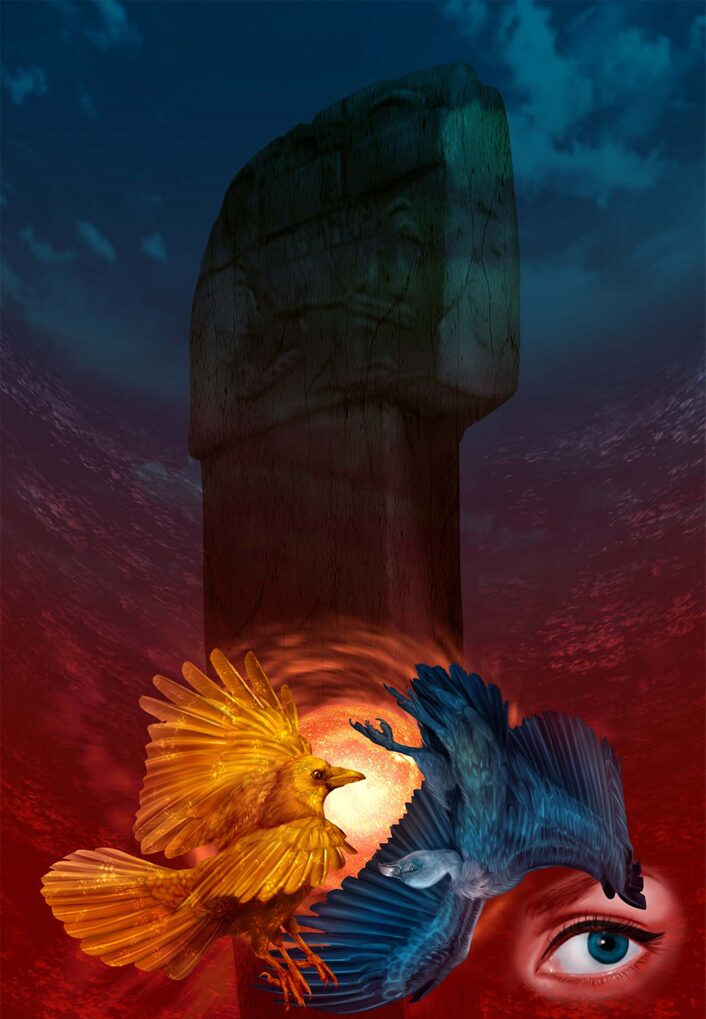 総力特集「八咫烏伝説と世界最古ギョベクリ・テペ遺跡の謎」ムー2026年04月号のカバーアート／zalartworks